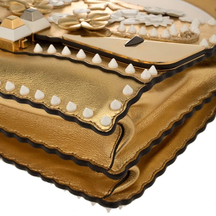 Pre Owned Fendi Gold Leather Floral Studded Kan I Shoulder Bag