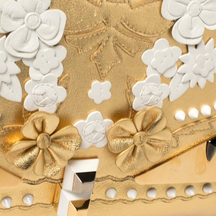 Pre Owned Fendi Gold Leather Floral Studded Kan I Shoulder Bag