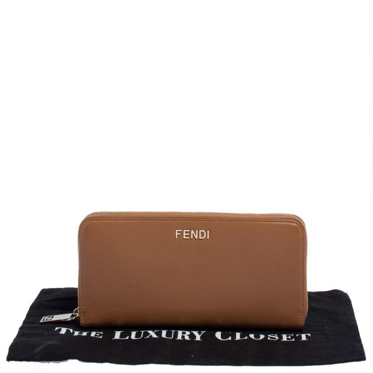 Pre Owned Fendi Tan Leather Zip Around Organizer Wallet