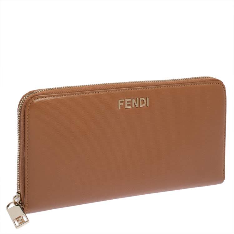 Pre Owned Fendi Tan Leather Zip Around Organizer Wallet