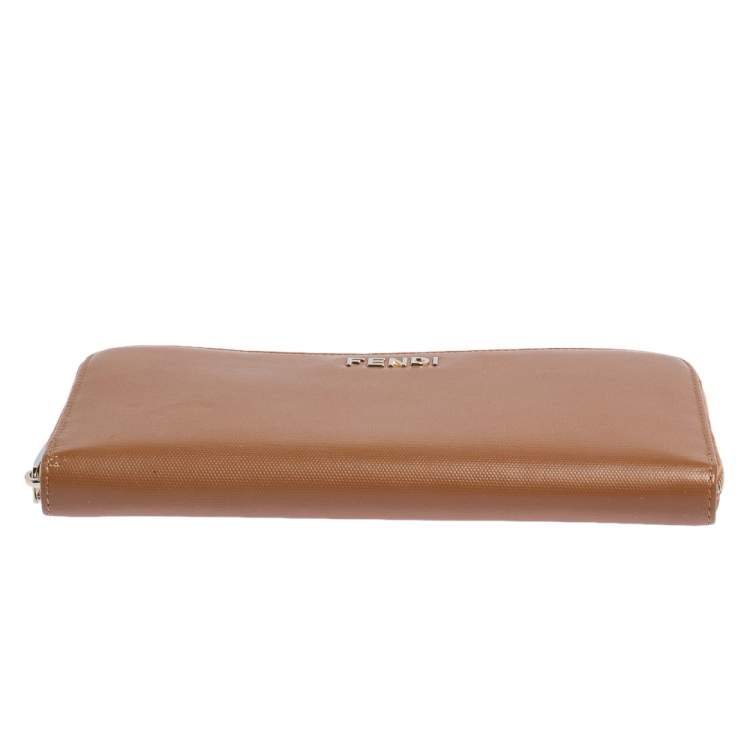 Pre Owned Fendi Tan Leather Zip Around Organizer Wallet