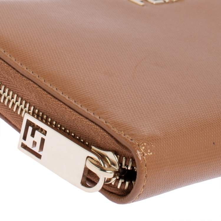 Pre Owned Fendi Tan Leather Zip Around Organizer Wallet