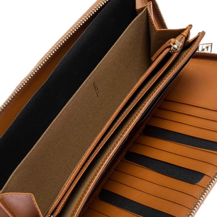 Pre Owned Fendi Tan Leather Zip Around Organizer Wallet