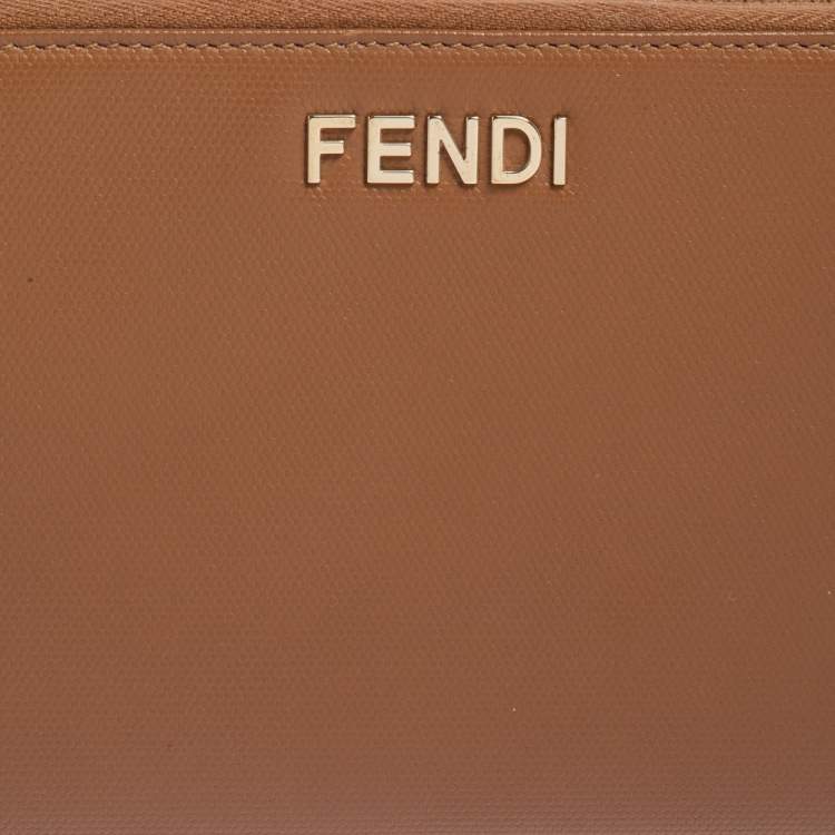 Pre Owned Fendi Tan Leather Zip Around Organizer Wallet