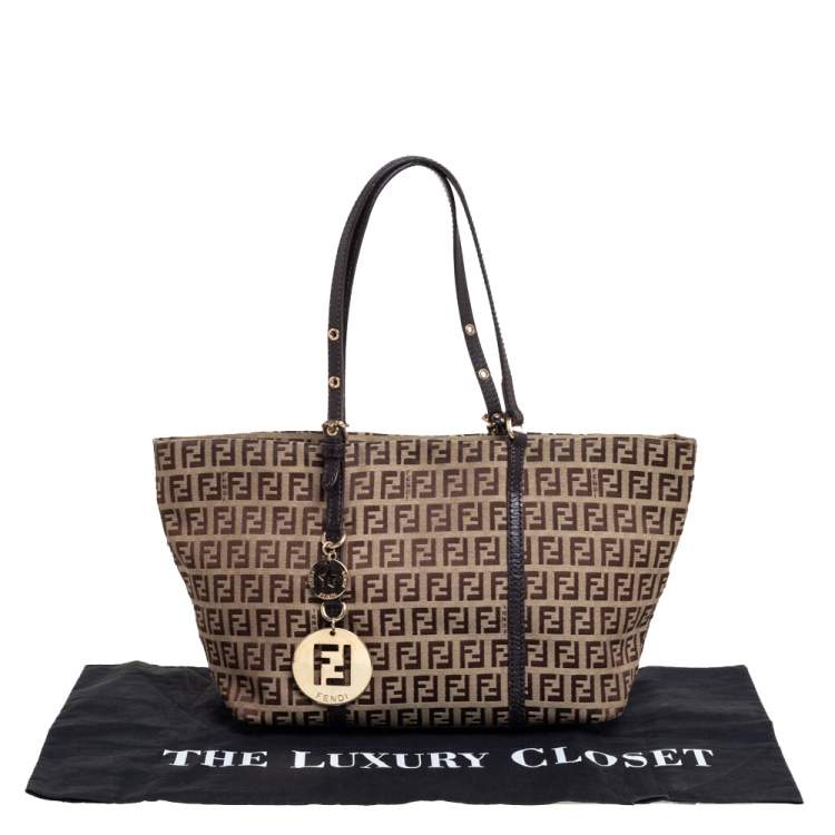 Pre Owned Fendi Beige/Tobacco Zucchino Canvas Superstar Shopping Tote