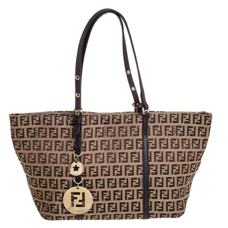 Pre Owned Fendi Beige/Tobacco Zucchino Canvas Superstar Shopping Tote