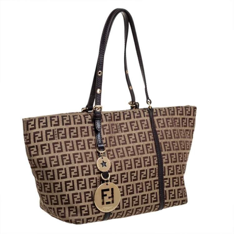 Pre Owned Fendi Beige/Tobacco Zucchino Canvas Superstar Shopping Tote