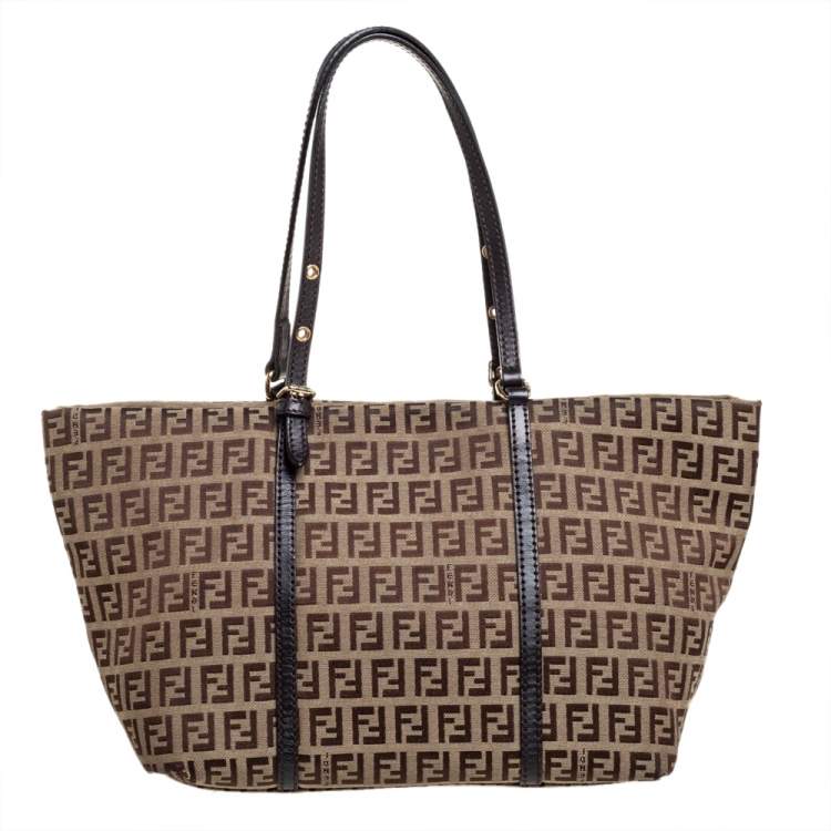 Pre Owned Fendi Beige/Tobacco Zucchino Canvas Superstar Shopping Tote