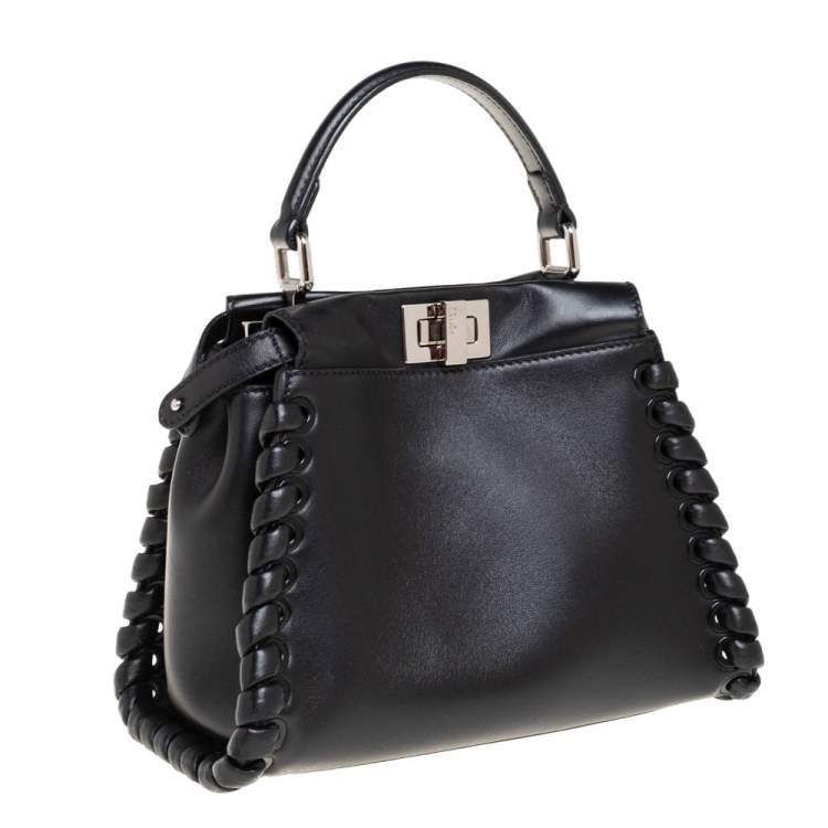 Pre Owned Fendi Black Leather Mini Whipstitched Peekaboo Top Handle Bag                  