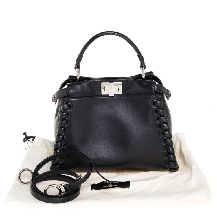 Pre Owned Fendi Black Leather Mini Whipstitched Peekaboo Top Handle Bag                  