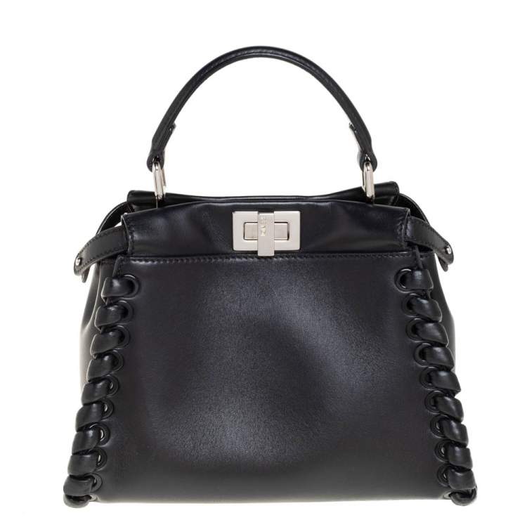 Pre Owned Fendi Black Leather Mini Whipstitched Peekaboo Top Handle Bag                  