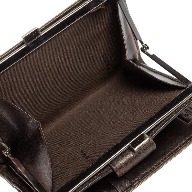 Pre Owned Fendi Beige/Tobacco Zucchino Canvas and Leather Kiss Lock Compact Wallet