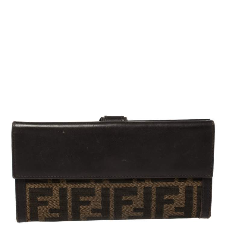 Pre Owned Fendi Tobacco Zucca Canvas and Leather Flap Continental Wallet