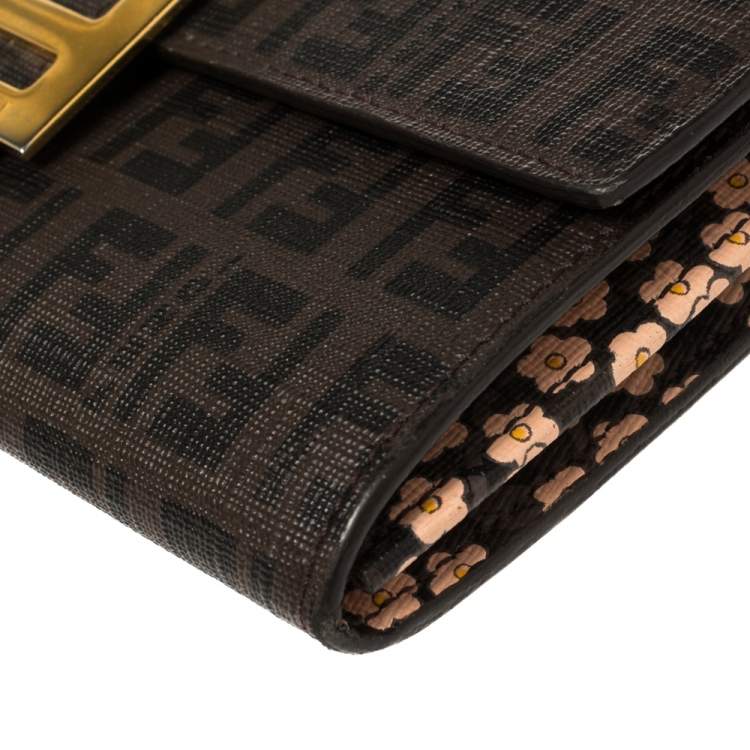 Pre Owned Fendi Tobacco Zucchino Coated Canvas Flap Continental Wallet