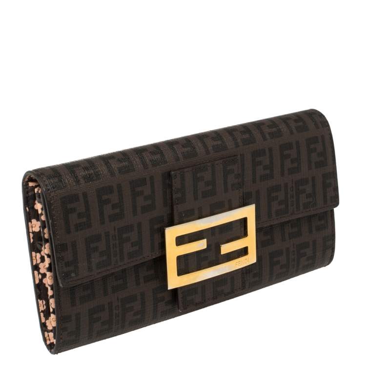 Pre Owned Fendi Tobacco Zucchino Coated Canvas Flap Continental Wallet