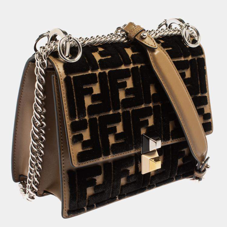 Pre Owned Fendi Black/Brown Leather and Velvet Small Kan I Chain Shoulder Bag