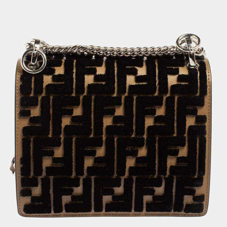 Pre Owned Fendi Black/Brown Leather and Velvet Small Kan I Chain Shoulder Bag