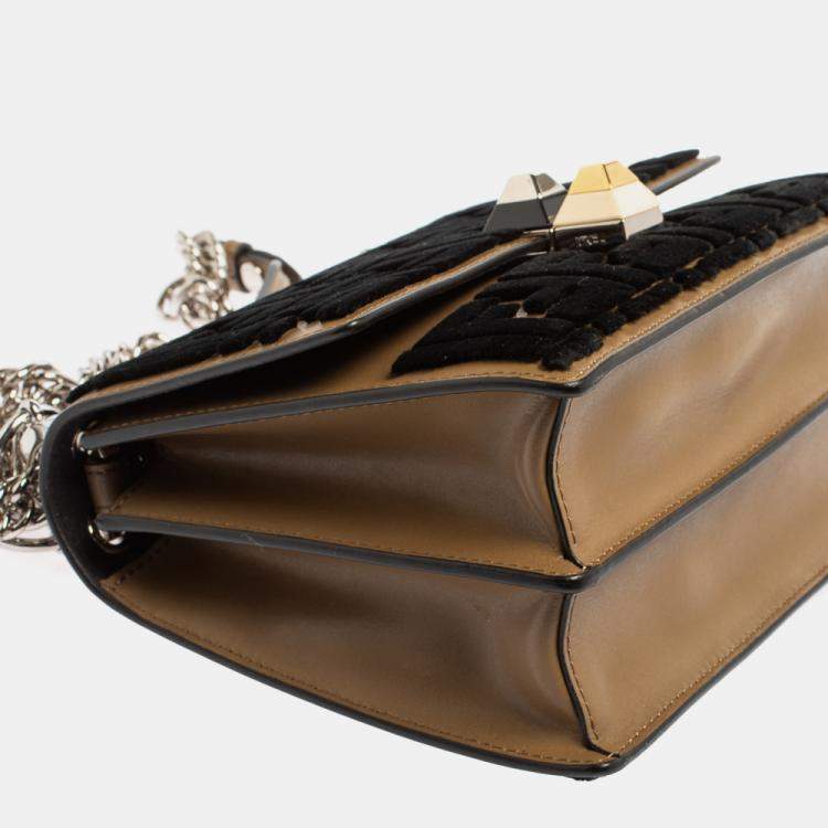 Pre Owned Fendi Black/Brown Leather and Velvet Small Kan I Chain Shoulder Bag