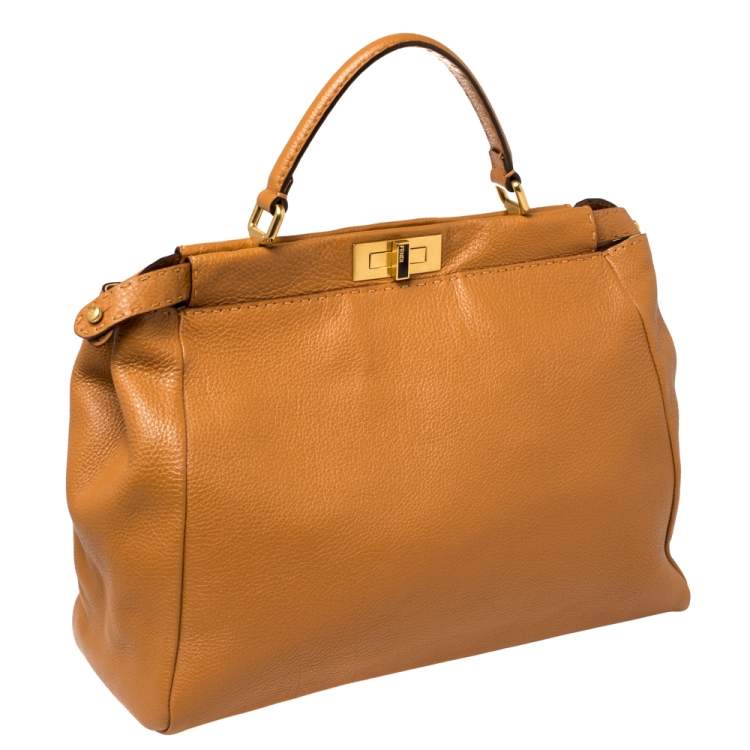 Pre Owned Fendi Tan Selleria Leather Large Peekaboo Top Handle Bag