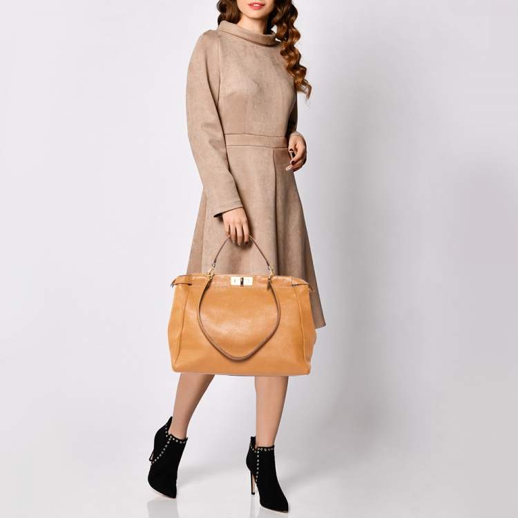 Pre Owned Fendi Tan Selleria Leather Large Peekaboo Top Handle Bag