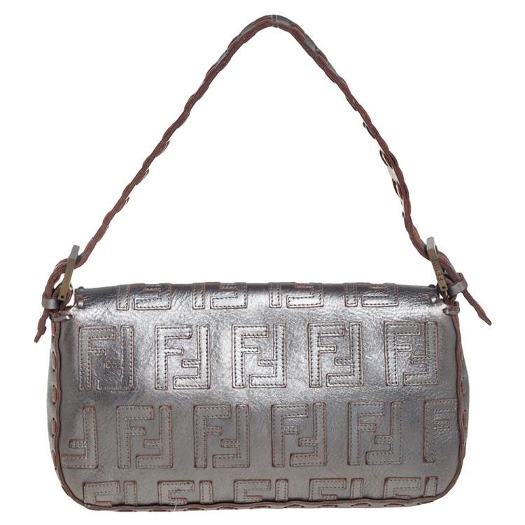 Pre Owned Fendi Silver Zucca Leather Medium Whipstitched Baguette Bag