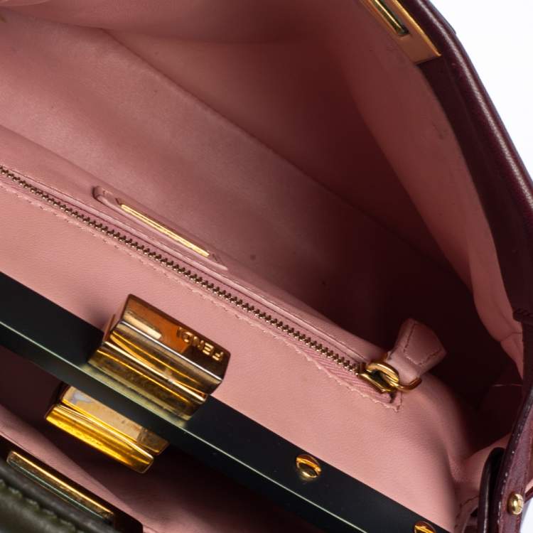 Pre Owned Fendi Burgundy/Olive Green Leather Mini Peekaboo Top Handle Bag