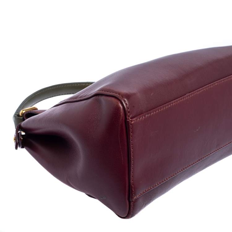 Pre Owned Fendi Burgundy/Olive Green Leather Mini Peekaboo Top Handle Bag