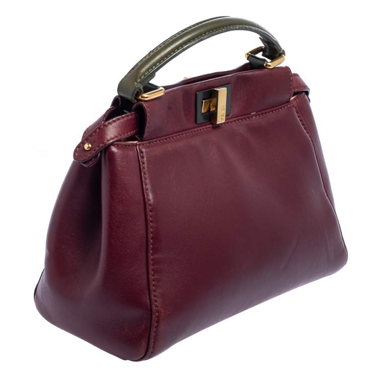 Pre Owned Fendi Burgundy/Olive Green Leather Mini Peekaboo Top Handle Bag