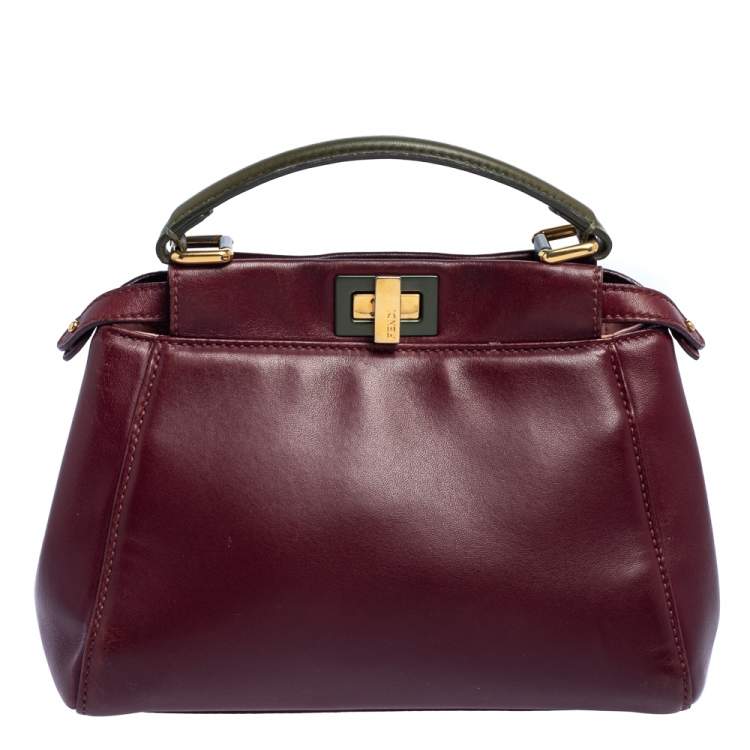 Pre Owned Fendi Burgundy/Olive Green Leather Mini Peekaboo Top Handle Bag
