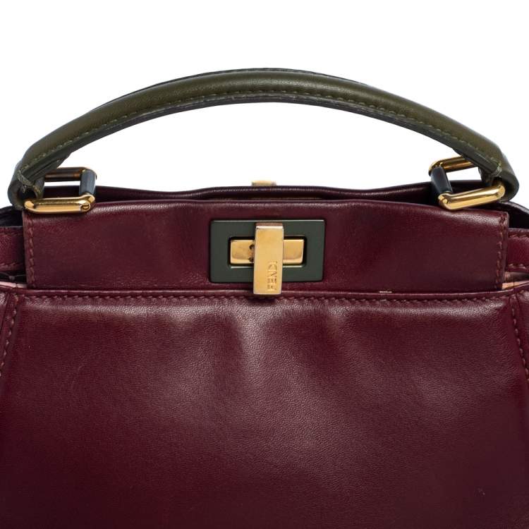 Pre Owned Fendi Burgundy/Olive Green Leather Mini Peekaboo Top Handle Bag
