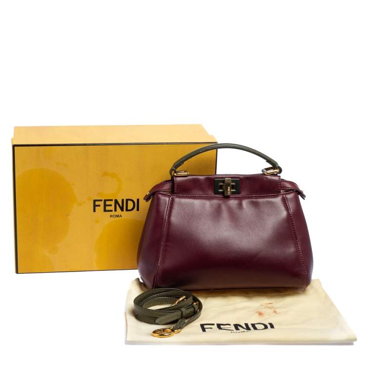 Pre Owned Fendi Burgundy/Olive Green Leather Mini Peekaboo Top Handle Bag