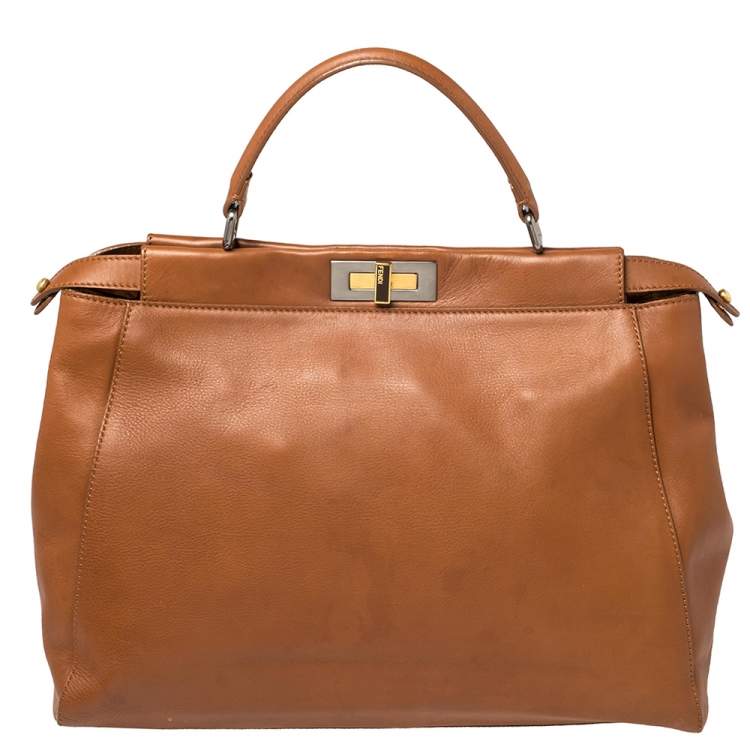 Pre Owned Fendi Tan Leather Large Peekaboo Top Handle Bag