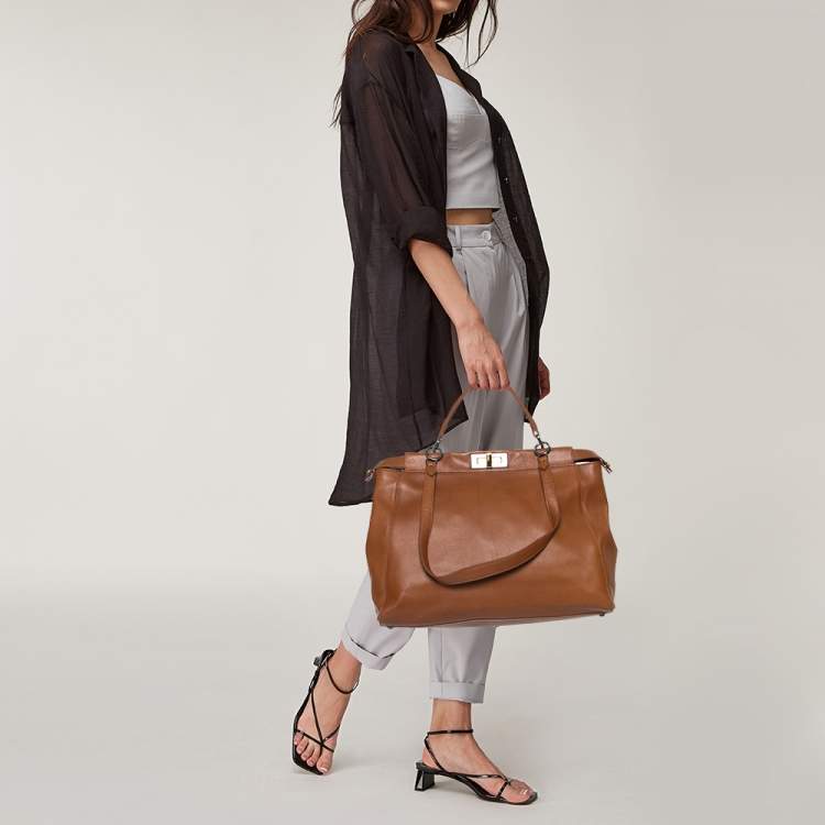 Pre Owned Fendi Tan Leather Large Peekaboo Top Handle Bag