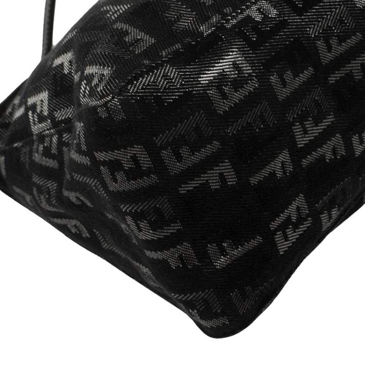 Pre Owned Fendi Black Zucchino Denim Pochette Zip Shoulder Bag
