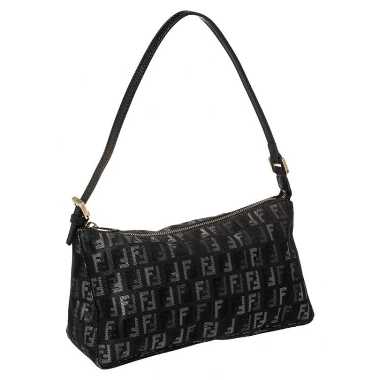 Pre Owned Fendi Black Zucchino Denim Pochette Zip Shoulder Bag