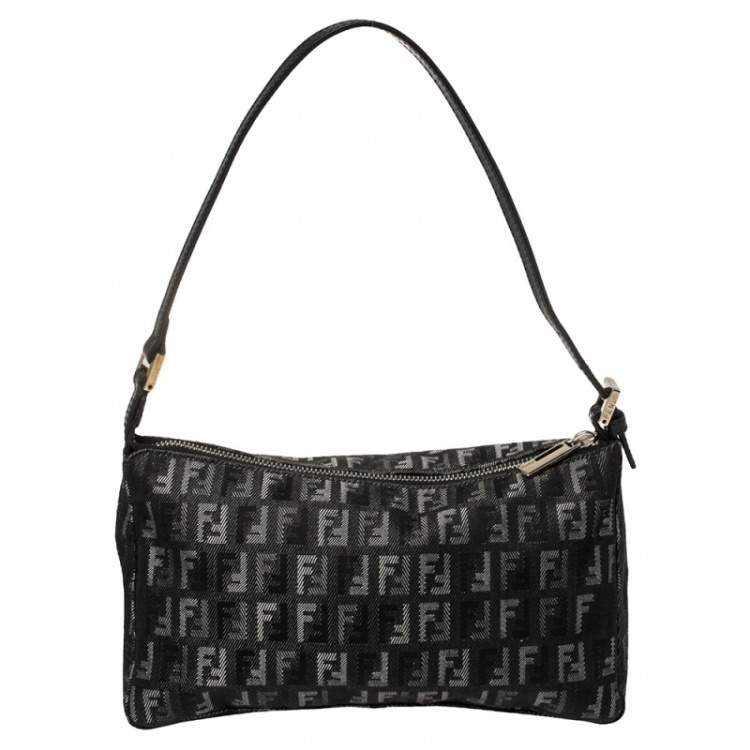 Pre Owned Fendi Black Zucchino Denim Pochette Zip Shoulder Bag