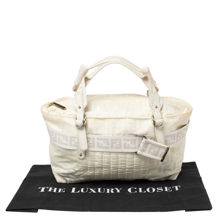 Pre Owned Fendi Off White Zucca Nylon and Leather Satchel 