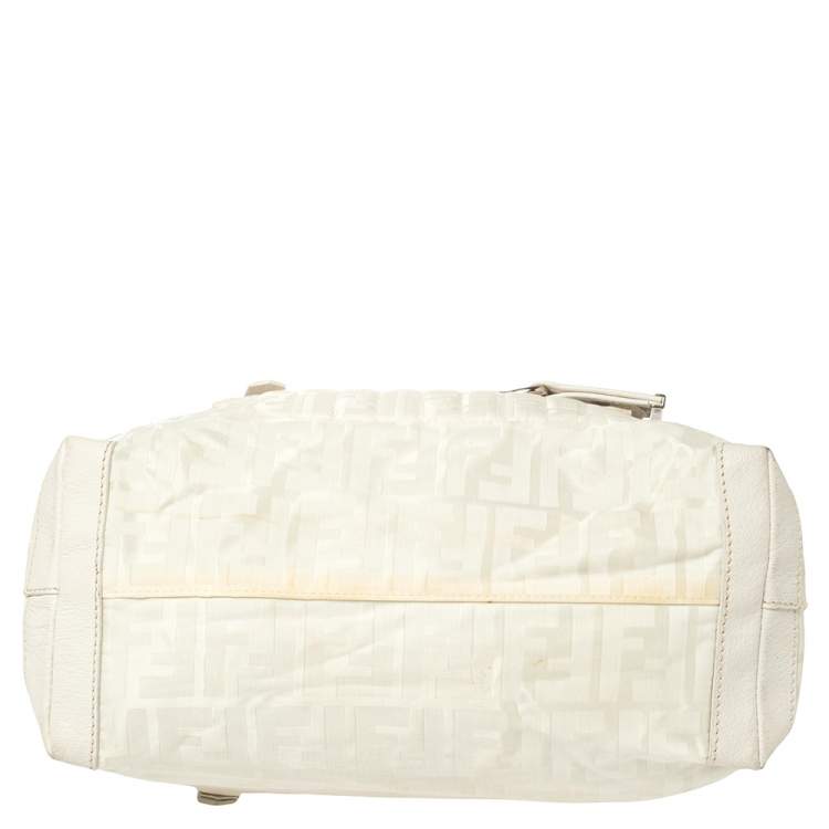 Pre Owned Fendi Off White Zucca Nylon and Leather Satchel 