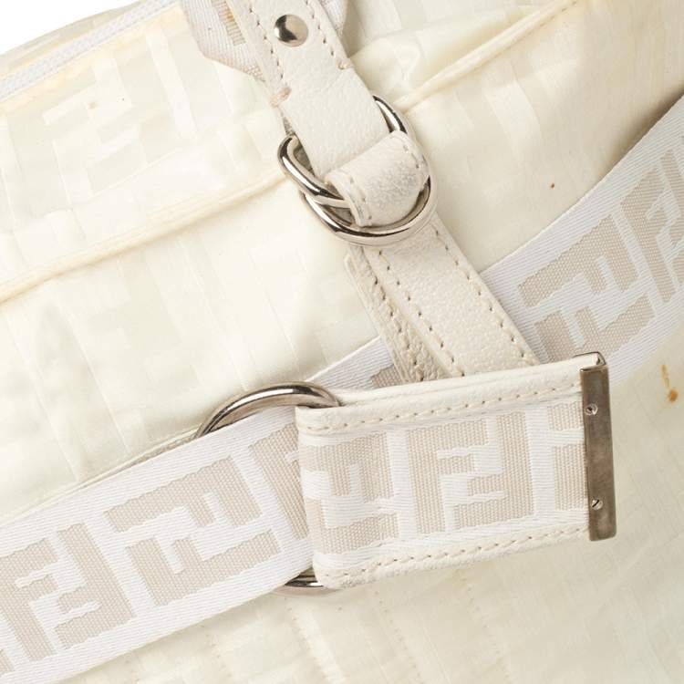 Pre Owned Fendi Off White Zucca Nylon and Leather Satchel 