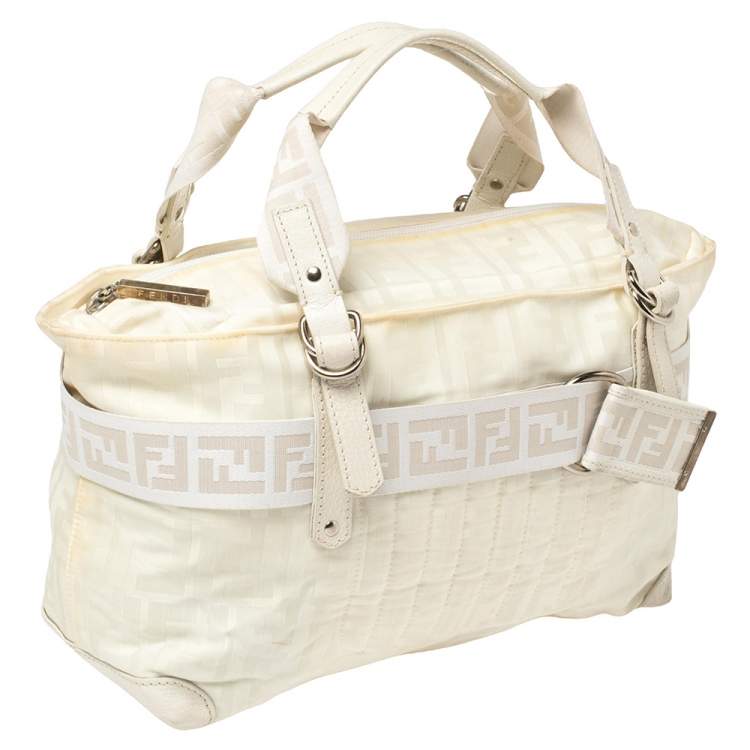 Pre Owned Fendi Off White Zucca Nylon and Leather Satchel 