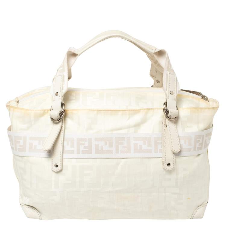 Pre Owned Fendi Off White Zucca Nylon and Leather Satchel 