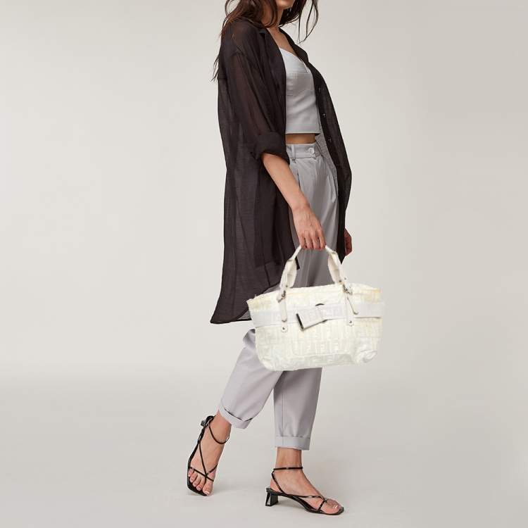 Pre Owned Fendi Off White Zucca Nylon and Leather Satchel 