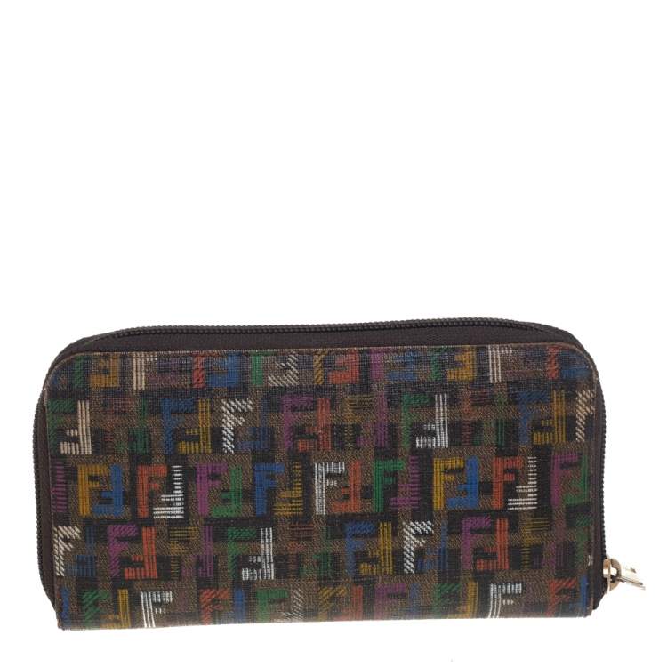 Pre Owned Fendi Multicolor Zucchino Coated Canvas Zip Around Wallet 