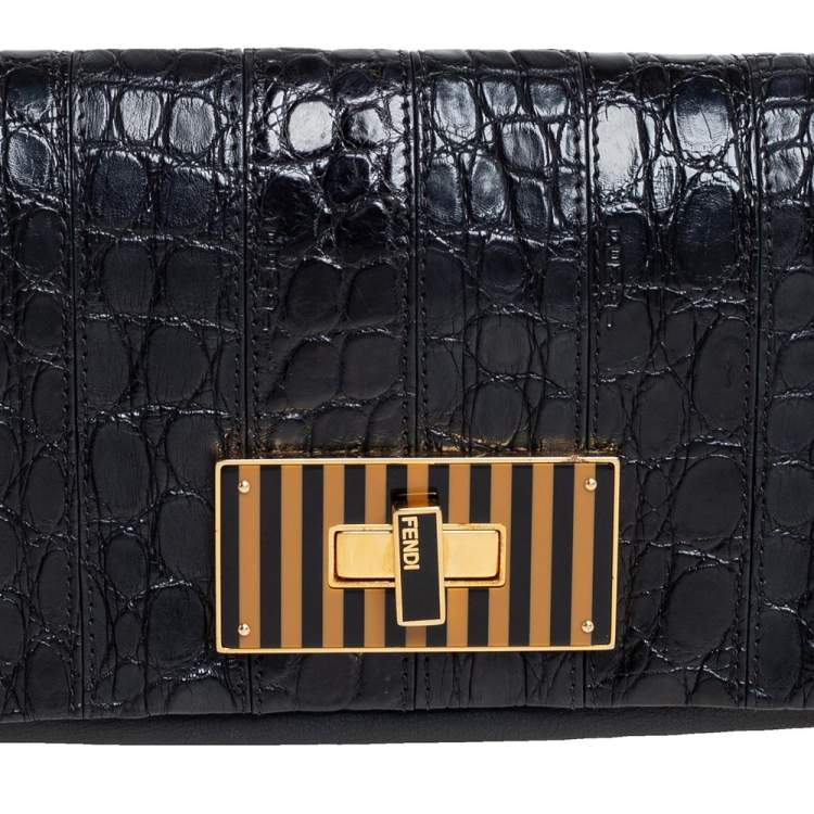 Pre Owned Fendi Black Croc Embossed Leather and Leather Claudia Shoulder Bag
