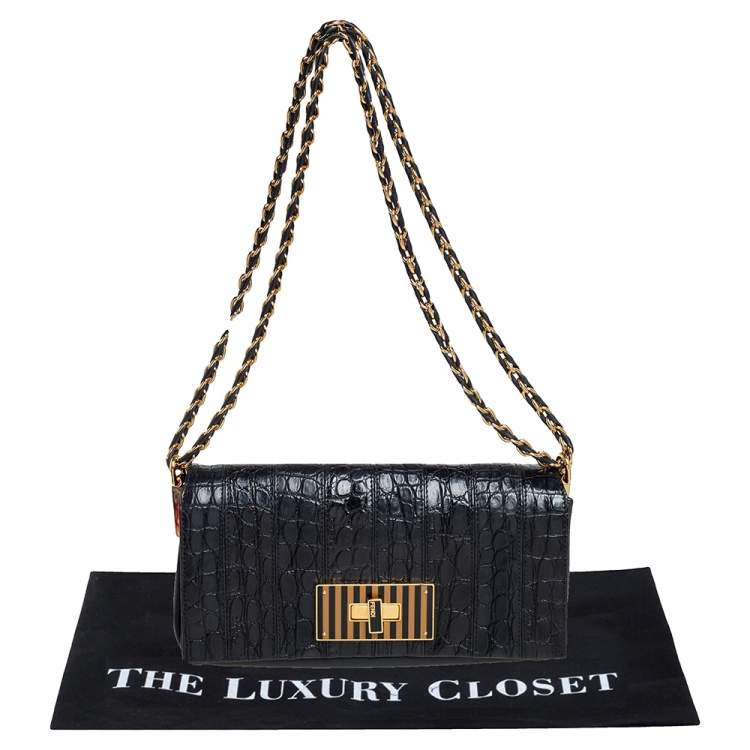 Pre Owned Fendi Black Croc Embossed Leather and Leather Claudia Shoulder Bag