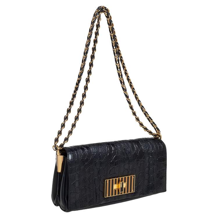 Pre Owned Fendi Black Croc Embossed Leather and Leather Claudia Shoulder Bag