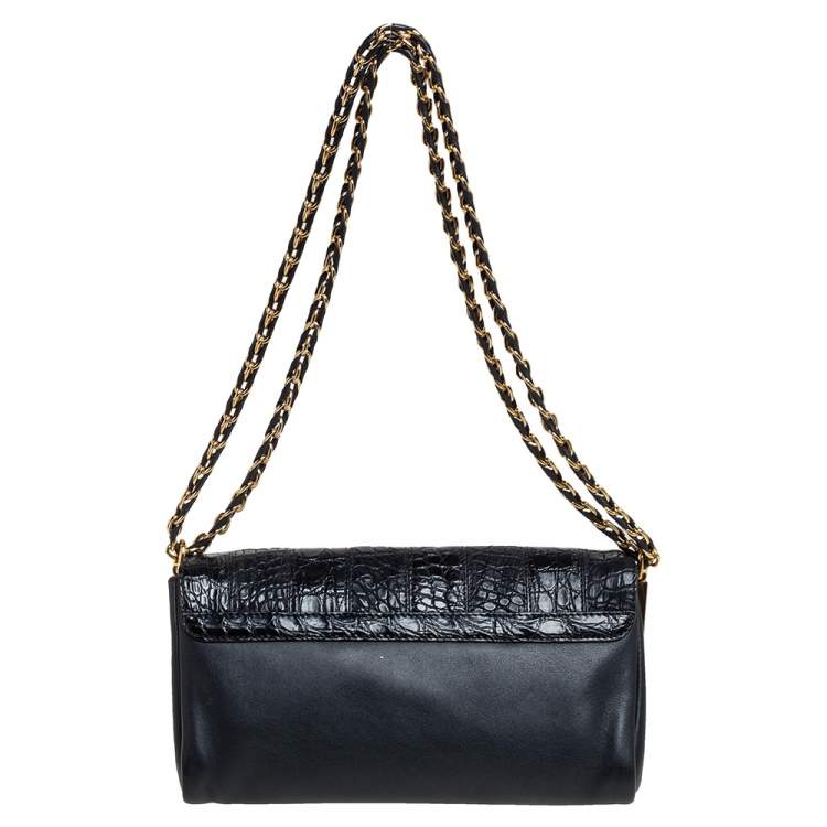 Pre Owned Fendi Black Croc Embossed Leather and Leather Claudia Shoulder Bag
