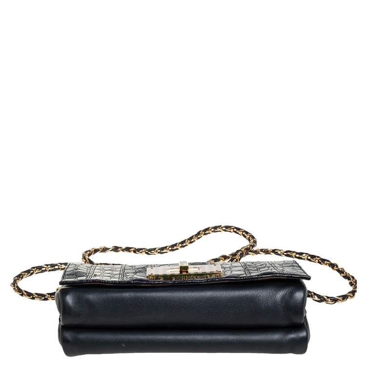 Pre Owned Fendi Black Croc Embossed Leather and Leather Claudia Shoulder Bag