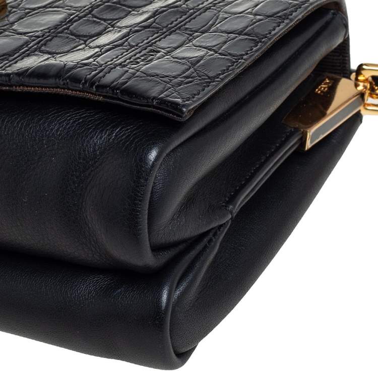 Pre Owned Fendi Black Croc Embossed Leather and Leather Claudia Shoulder Bag