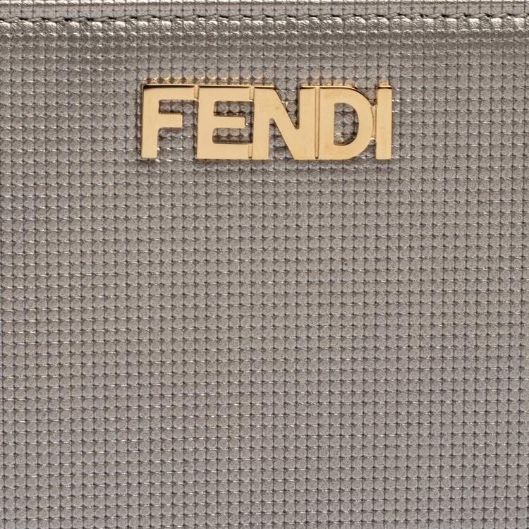 Pre Owned Fendi Metallic Silver Leather Zip Around Wallet